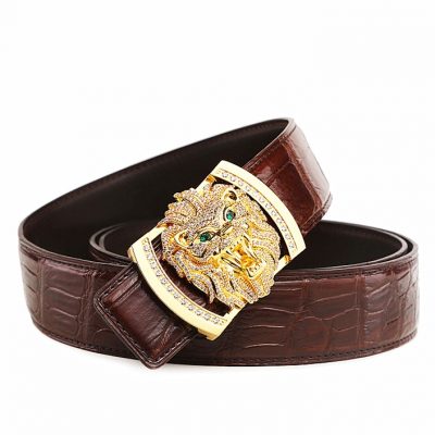 Alligator Skin Belt with Natural Zircons and Lion Pattern Pin Buckle