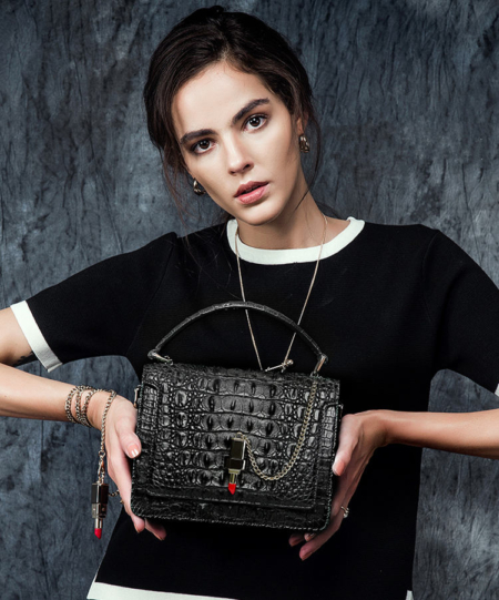 Classic Crocodile Handbag, Crossbody Handbag-Black-Exhibition