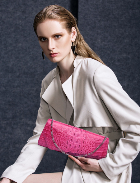 Crocodile Purse, Crocodile Shoulder Clutch-Pink-Exhibition