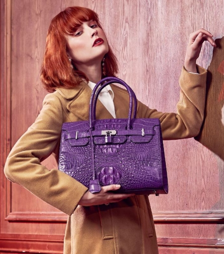 Luxury Genuine Crocodile Handbag for Women-Purple-Display