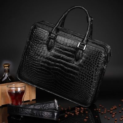 Alligator Crossbody Laptop Business Bag for Men-Black-Back-Display