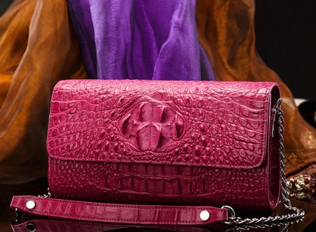 Crocodile Leather Purse, Crocodile Leather Clutch Bag, Crossbody Bag, Shoulder Bag-Pink-Front