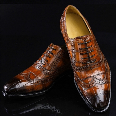 Alligator Brogue Wingtip Shoes-Brown