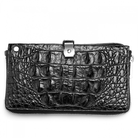 Crocodile Long Bifold Wallet, Designer Business Crocodile Clutch Wallet-Black-Back