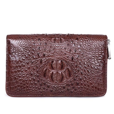 Double Zip Around Crocodile Leather Wallet Large Clutch Organizer with Wristlet-Brown