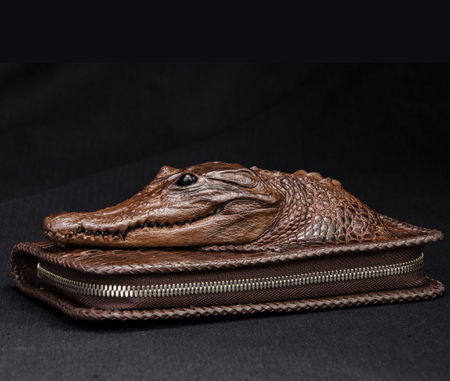 Personalized Crocodile Wallet, Handmade Crocodile Wallet for Men-Brown-Side