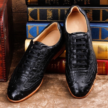 Mens Ostrich Shoes, Casual Exotic Shoes-Black-Upper