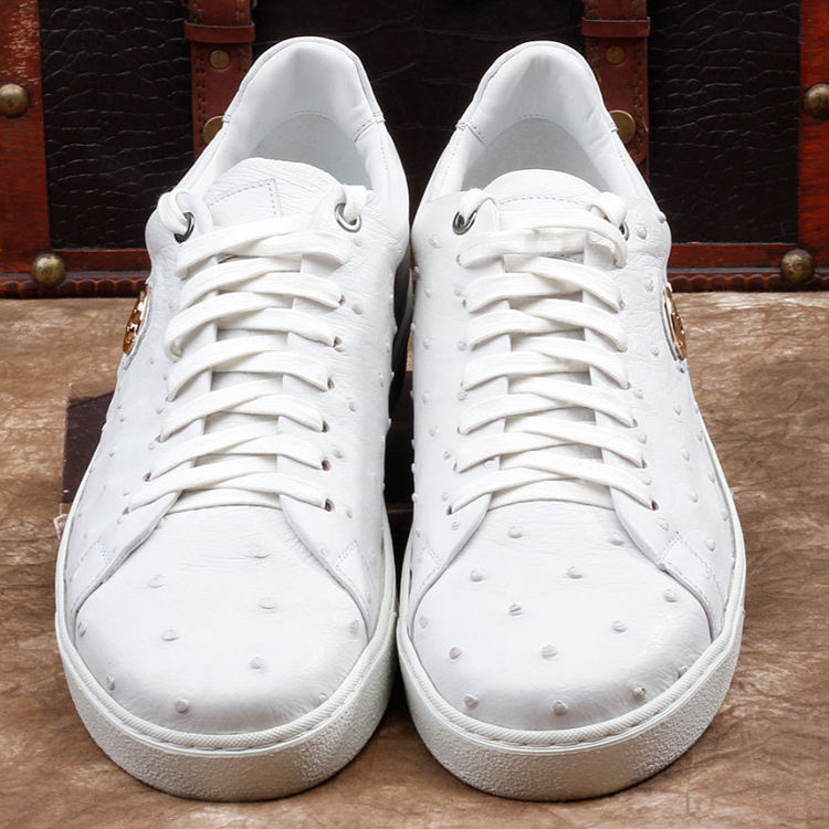 White and Orange Ostrich Leather Shoes | White Ostrich Skin Sneakers 14 US