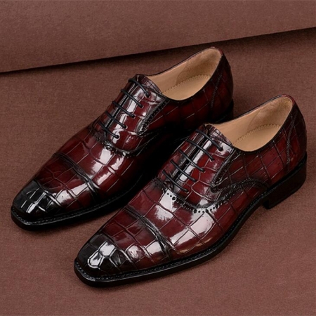 Classic Modern Genuine Alligator Skin Cap-Toe Oxford Shoes for Men-Burgundy