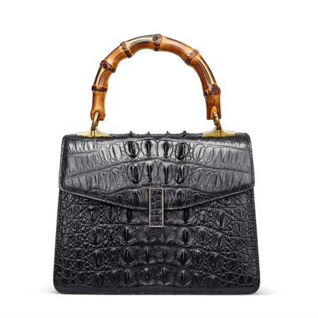 Crocodile Skin Shoulder Bag Crossbody Bag Handbag with Bamboo Handle-Black