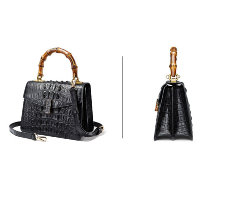 Crocodile Skin Shoulder Bag Crossbody Bag Handbag with Bamboo Handle-Black-Exhibition