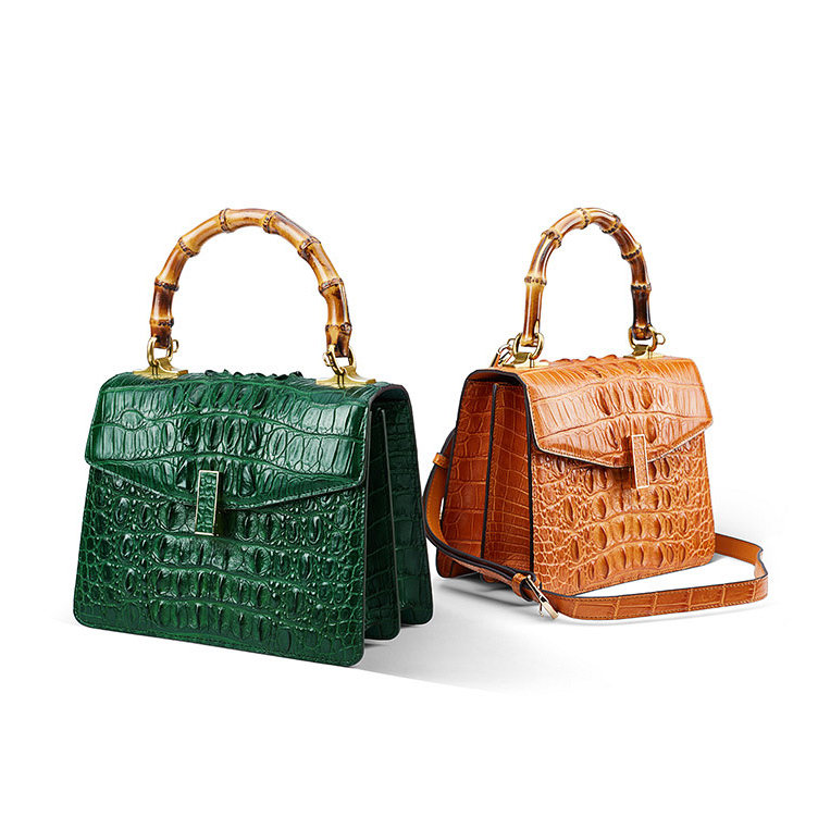 Gucci Bamboo Handle Crocodile Leather Bag in Green