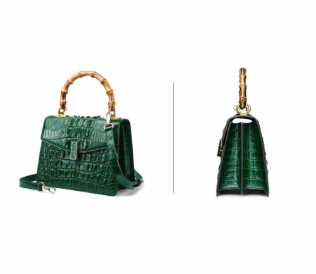 Crocodile Skin Shoulder Bag Crossbody Bag Handbag with Bamboo Handle-Green-Exhibition