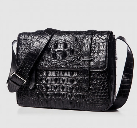 Crocodile Leather Satchel Briefcase Messenger Bag Laptop Bag-Black-Front