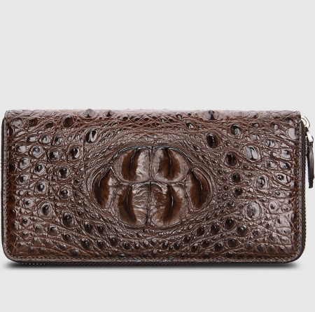 Crocodile Zip Around Long Wallet for Men, Travel Card Holder Phone Wallet-Brown-Front