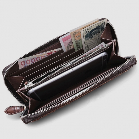 Crocodile Zip Around Long Wallet for Men, Travel Card Holder Phone Wallet-Brown-Inside