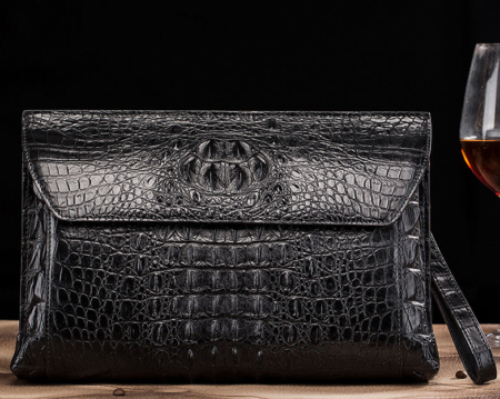 Handmade Crocodile Skin Clutch Wallet Business Portfolio Briefcase Envelope Clutch Bag-Black-Front