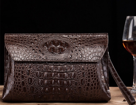 Handmade Crocodile Skin Clutch Wallet Business Portfolio Briefcase Envelope Clutch Bag-Brown-Front