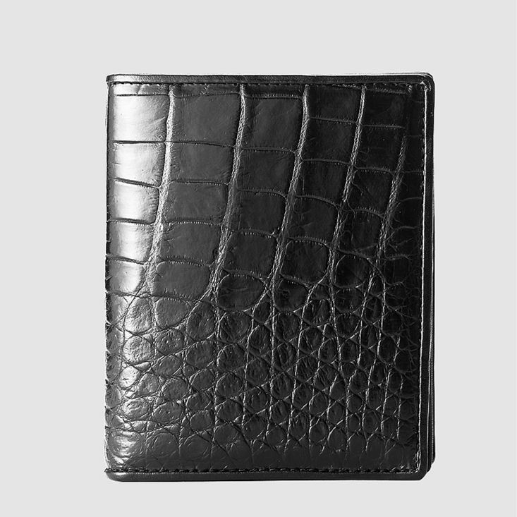 Durable Real Wallet for Men, Black Crocodile Leather, Short Double