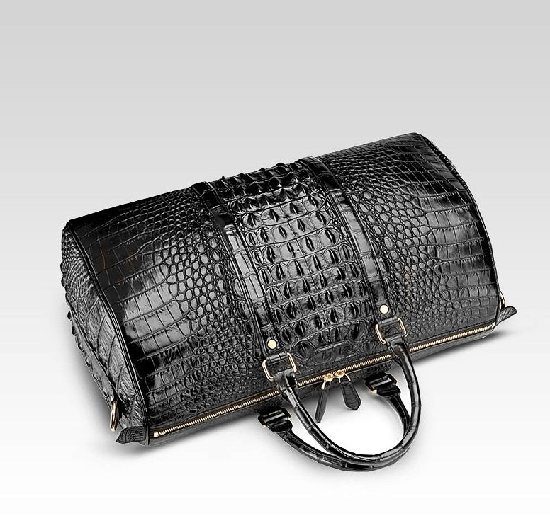 SSW - Carryall Duffle Leather Bag in Crocodile Print Black Noir