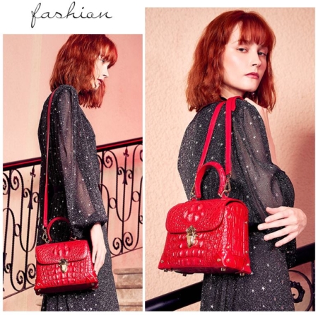 Designer Crocodile Handbag, Crocodile Crossbody Bag-Red-Display