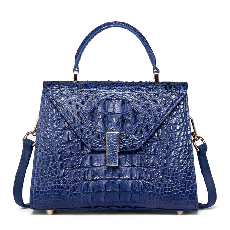 Women's Faux Crocodile Handbag - Gold Chain Strap / Blue