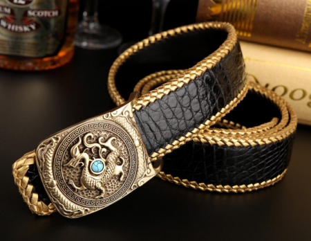 Handwoven Crocodile Belt, Crocodile Brass Dragon Buckle Belt-Black-1