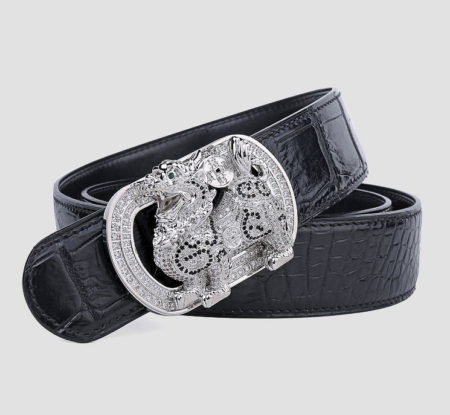 Luxury Alligator Skin Belt with Zircons and Kylin Pattern Pin Buckle-Black-1