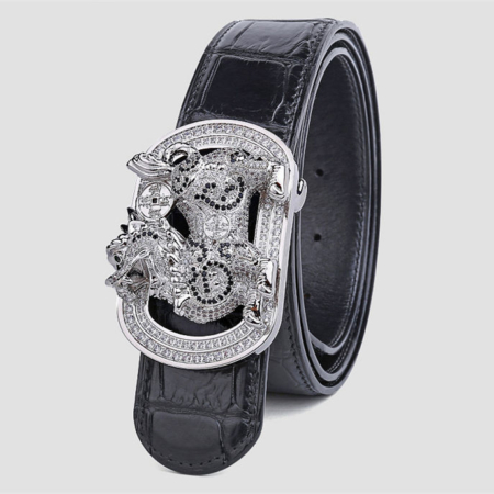 Luxury Alligator Skin Belt with Zircons and Kylin Pattern Pin Buckle-Black