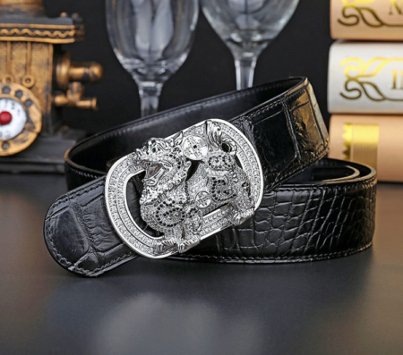 Luxury Alligator Skin Belt with Zircons and Kylin Pattern Pin Buckle-Black-Exhibition