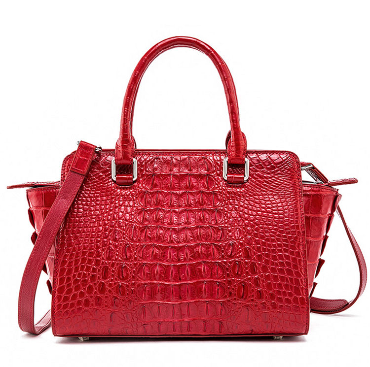 Women Retro Crocodile Pattern Leather Handbag Fashion Tote Handle Bag with Zipper and Shoulder Strap Rose Red