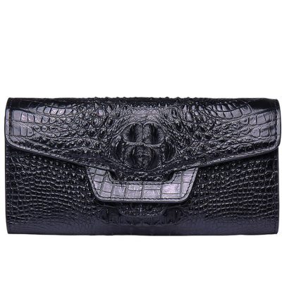 Crocodile Leather Clutch Long Purse Leather Wallet for Women-Head Skin-Black Color