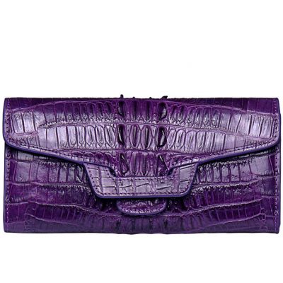 Crocodile Leather Clutch Long Purse Leather Wallet for Women-Head Skin-Purple Color