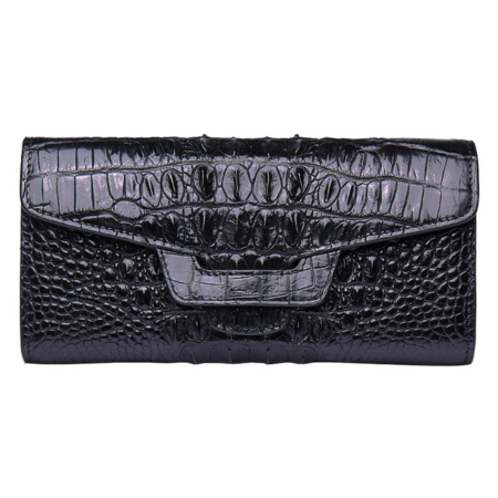 Crocodile Leather Clutch Long Purse Leather Wallet for Women-Tail Skin-Black