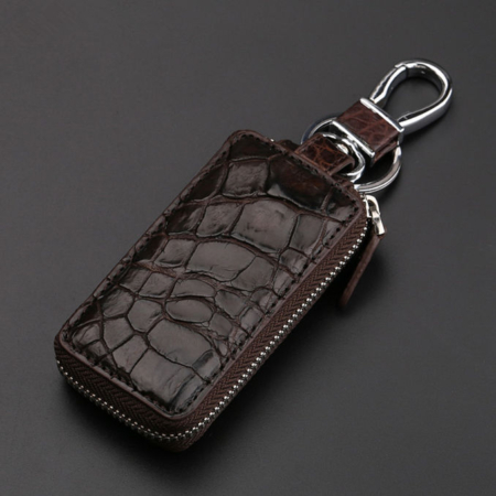 Crocodile and Alligator Leather Car Key Holder Zipper Case Wallet Keychain Bag-Brown