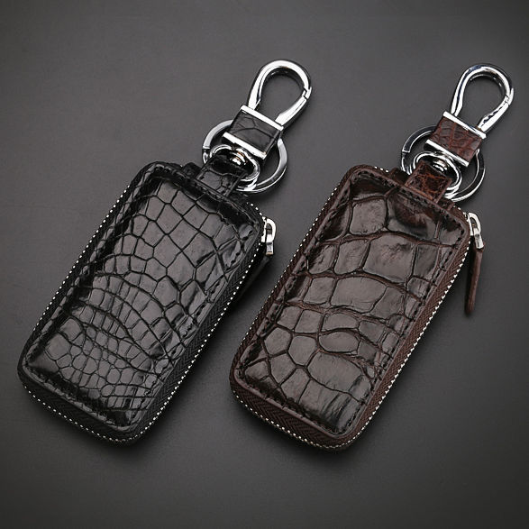 Genuine Leather Car Key Pouch Dual Zip Layer Vintage Crocodile