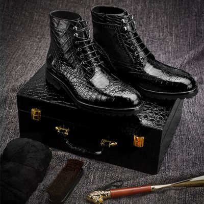 Alligator Leather Wingtip Lace Up Boots