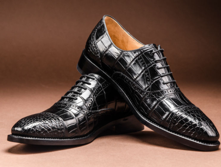 Modern Round Cap toe Alligator Leather Shoes-Black-Display