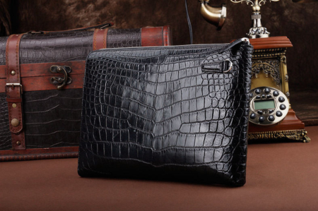 Business Alligator Clutch Wallet with Removable Hand Strap-Black-Back