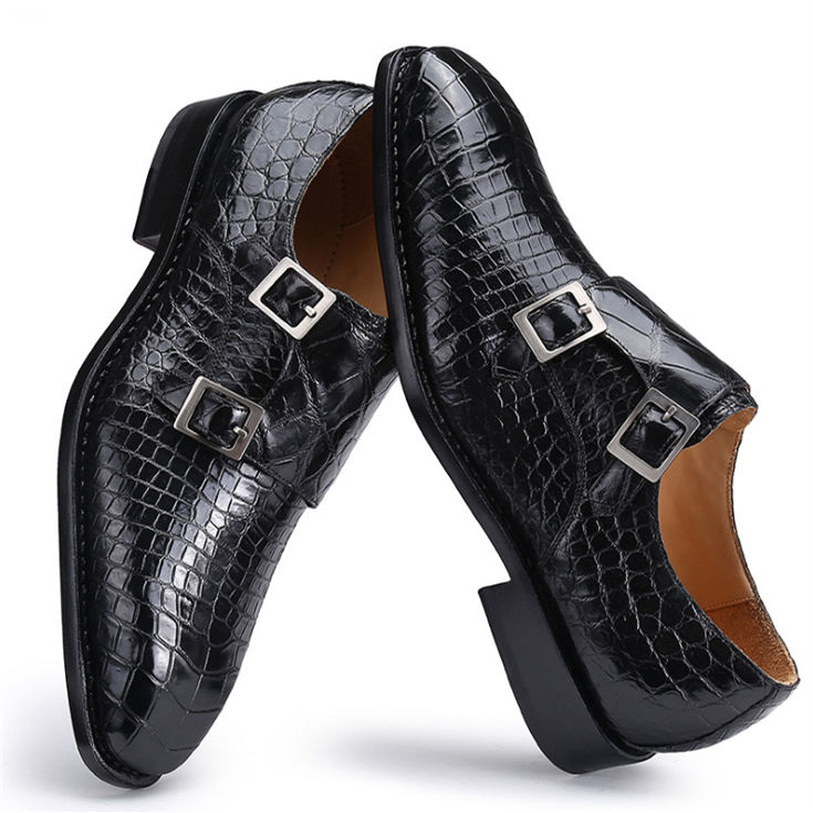 Handmade Black Crocodile Texture Leather Single Monk Strap Boots Men Dress  Shoes 