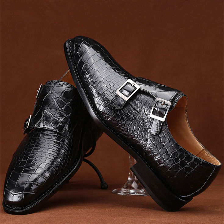 Handcrafted Alligator Leather Men's Classic Double Monk Strap Dress Shoes-Display