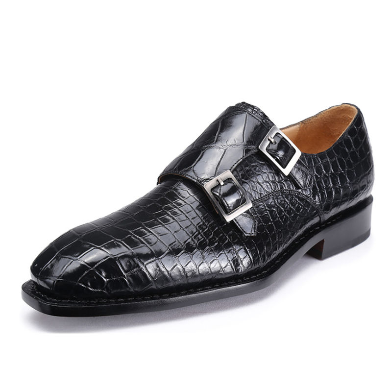 Handmade men brown crocodile shoes, men double monk dress shoe