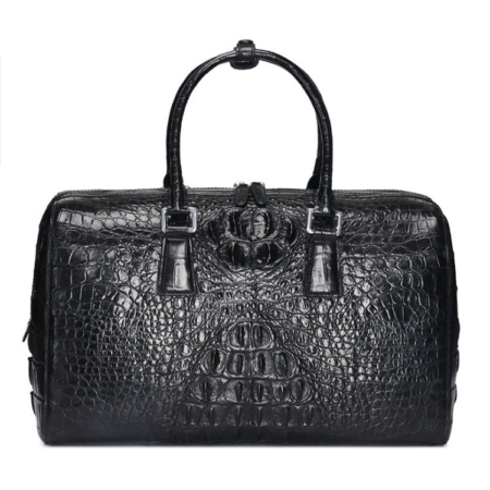 Mens Zipper Closure Crocodile Leather Duffel Bag-Black