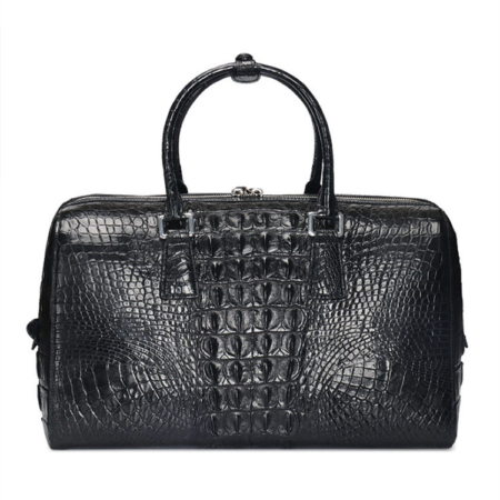 Mens Zipper Closure Crocodile Leather Duffel Bag-Black-Back