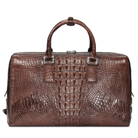 Mens Zipper Closure Crocodile Leather Duffel Bag-Brown