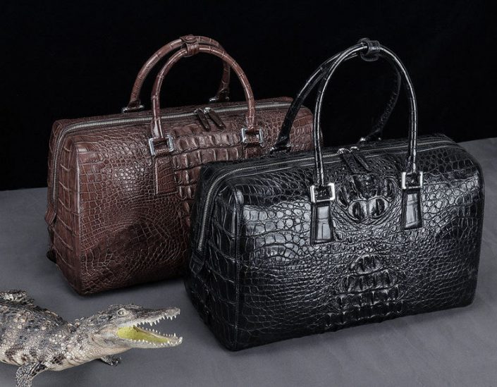 Mens Zipper Closure Crocodile Leather Duffel Bag