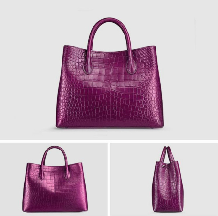 Women's Alligator Leather Handbag Tote Shoulder Bag Crossbody Purse-Purple-Display