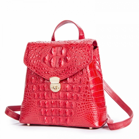 Women’s Casual Crocodile Leather Backpack Daypack for Ladies-Red