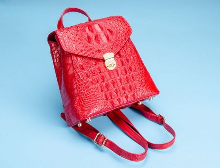 Women’s Casual Crocodile Leather Backpack Daypack for Ladies-Red-Display