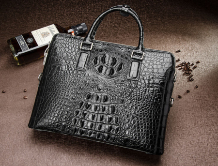 Business Mens Crocodile Leather Briefcase Bag Handbag Laptop Shoulder Bag-Black-Front